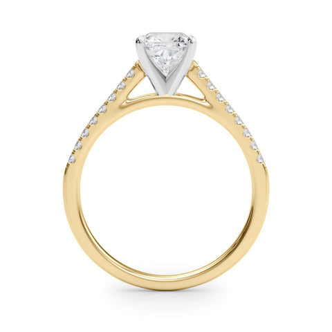 Yellow gold Cushion Cut Solitaire Diamond Ring with Pave Band and Four-Prong Setting