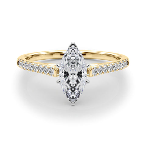 Yellow gold Marquise Cut Solitaire Diamond Ring with Pave Band and Four-Prong Setting