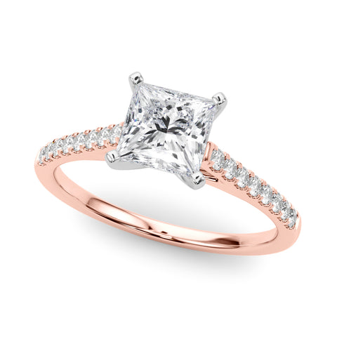 Rose gold Princess Cut Solitaire Diamond Ring with Pave Band and Four-Prong Setting