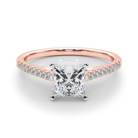 Rose gold Princess Cut Solitaire Diamond Ring with Pave Band and Four-Prong Setting