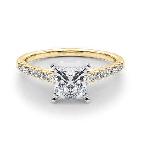 Yellow gold Princess Cut Solitaire Diamond Ring with Pave Band and Four-Prong Setting