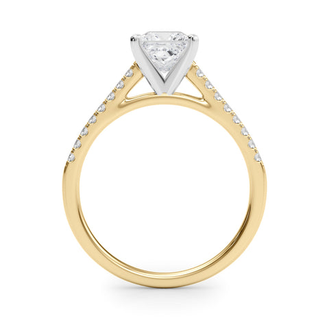 Yellow gold Princess Cut Solitaire Diamond Ring with Pave Band and Four-Prong Setting