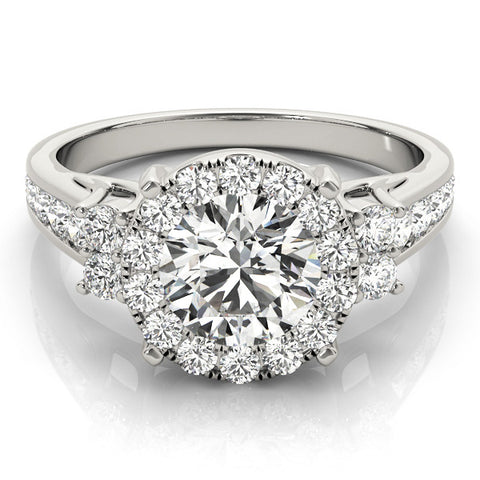 White gold Round Halo Diamond Engagement Ring with Split Shank and Four-Prong Setting