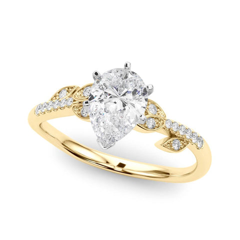 Yellow gold Pear Solitaire Leaf-Inspired Diamond Ring with Pavé Band and Four-Prong Setting