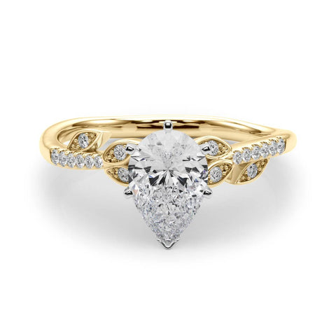 Yellow gold Pear Solitaire Leaf-Inspired Diamond Ring with Pavé Band and Four-Prong Setting