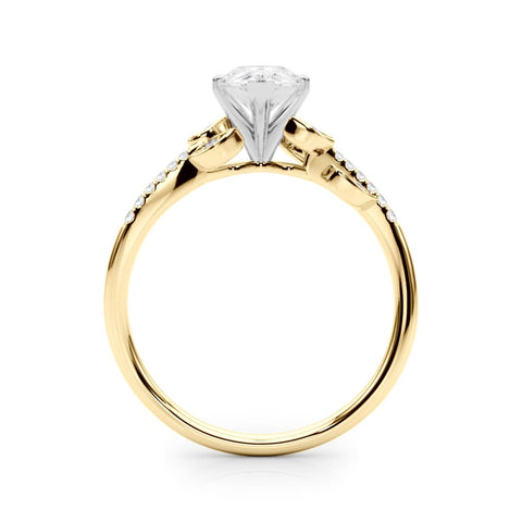 Yellow gold Pear Solitaire Leaf-Inspired Diamond Ring with Pavé Band and Four-Prong Setting