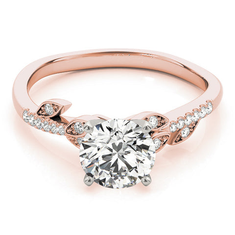 Rose gold Round Solitaire Leaf-Inspired Diamond Ring with Pavé Band and Four-Prong Setting