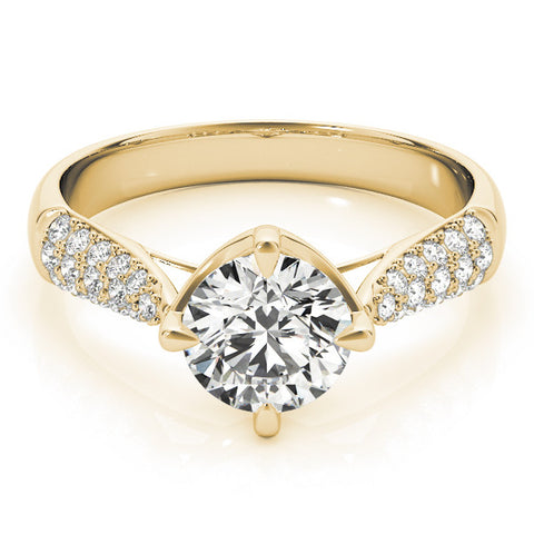 Yellow gold Round Cut Diamond Solitaire with Pave Band and Four-Prong Setting