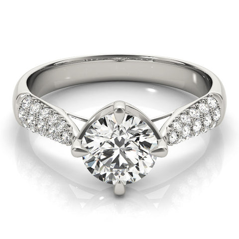 White gold Round Cut Diamond Solitaire with Pave Band and Four-Prong Setting