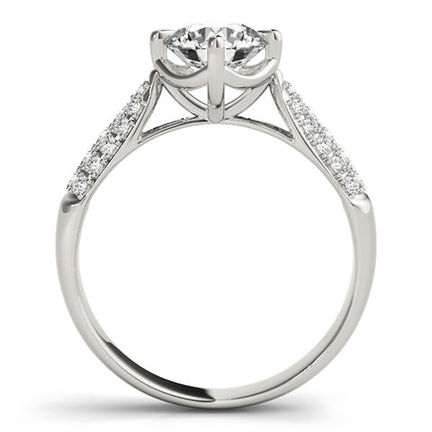 White gold Round Cut Diamond Solitaire with Pave Band and Four-Prong Setting