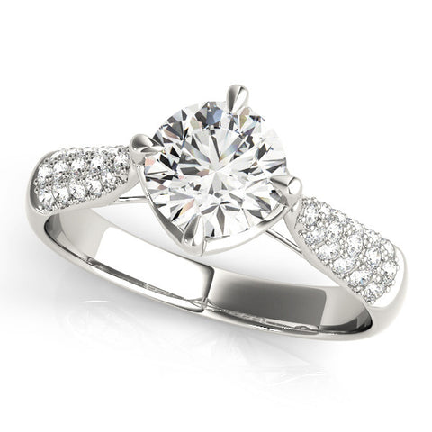 White gold Round Cut Diamond Solitaire with Pave Band and Four-Prong Setting