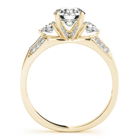 Yellow gold Round Brilliant Three-Stone Diamond Ring with Pavé Band and Four-Prong Setting
