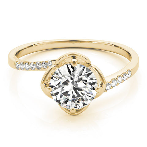 Yellow gold Round Brilliant Solitaire with Pavé Band and Four-Prong Cushion Setting