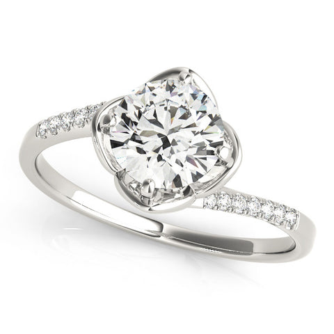White gold Round Brilliant Solitaire with Pavé Band and Four-Prong Cushion Setting
