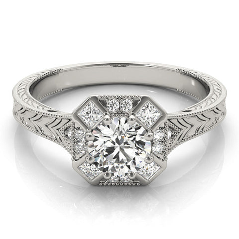 White gold Round Diamond Milgrain Halo Engagement Ring with Chevron Band and Prong Setting