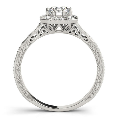 White gold Round Diamond Milgrain Halo Engagement Ring with Chevron Band and Prong Setting