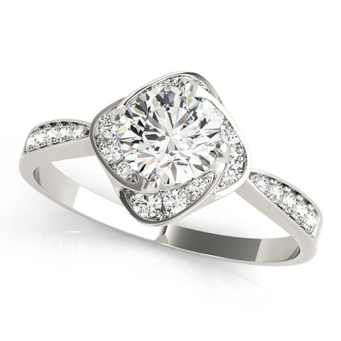White gold Round Halo Twist Diamond Engagement Ring with Pavé Band and Four-Prong Setting