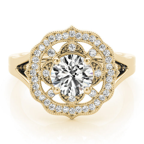Yellow gold Round Halo Diamond Ring with Split Shank and Four-Prong Setting
