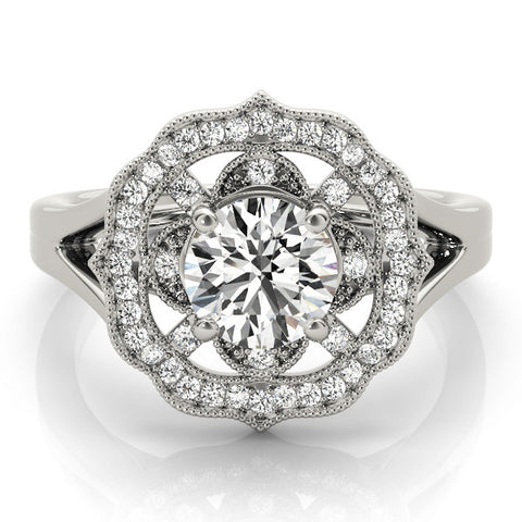 White gold Round Halo Diamond Ring with Split Shank and Four-Prong Setting