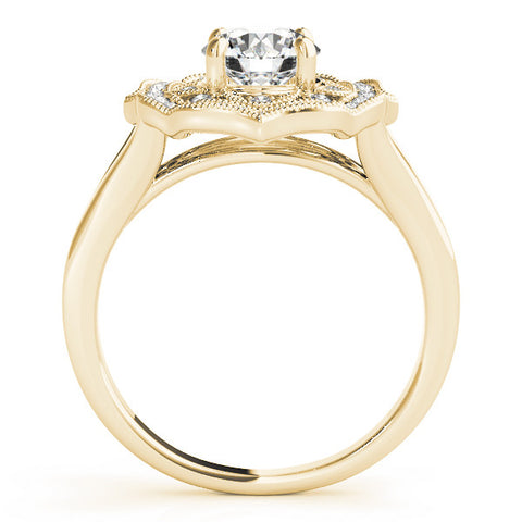 Yellow gold Round Halo Diamond Ring with Split Shank and Four-Prong Setting