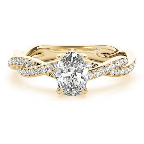 Yellow gold Oval Solitaire Twisted Pave Diamond Ring with Four-Prong Setting