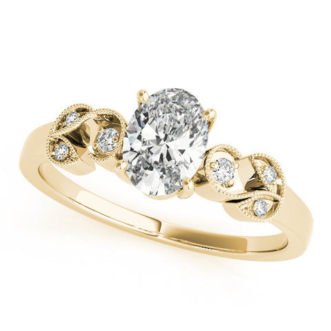 Yellow gold Oval Solitaire Milgrain Leaf Band with Prong Setting