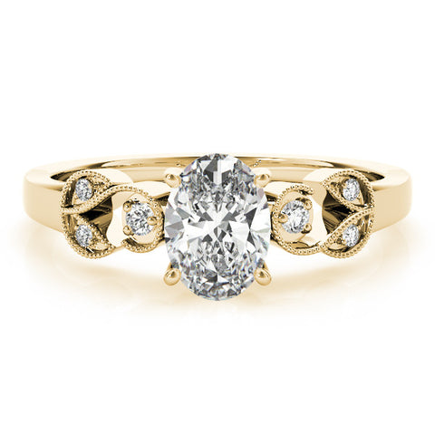 Yellow gold Oval Solitaire Milgrain Leaf Band with Prong Setting