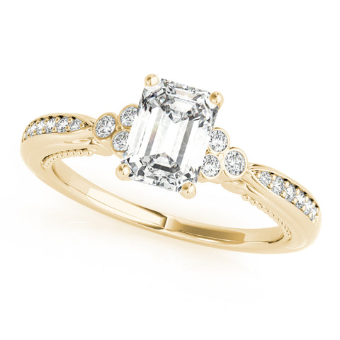 Yellow gold Emerald Cut Diamond Solitaire with Pavé Band and Four-Prong Setting