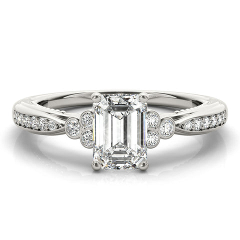 White gold Emerald Cut Diamond Solitaire with Pavé Band and Four-Prong Setting