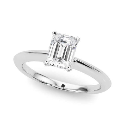 White gold Emerald Solitaire Diamond Ring with Six-Prong Setting on a Classic Band