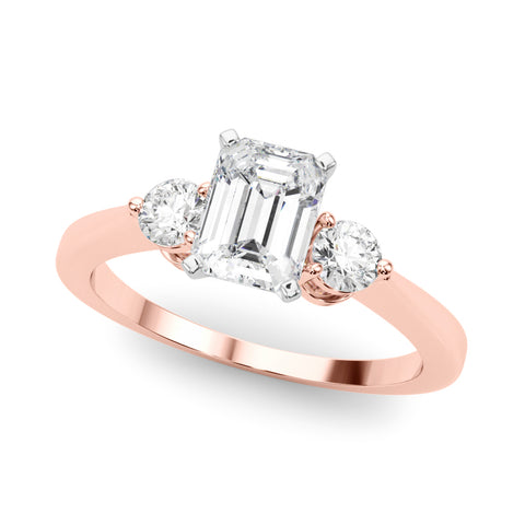 Rose gold Three-Stone Emerald Solitaire Ring with Tapered Band and Four-Prong Setting