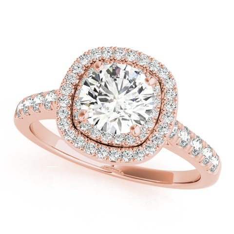 Rose gold Cushion Halo Round Diamond Pavé Band Ring with Four-Prong Setting