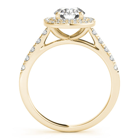 Yellow gold Cushion Halo Round Diamond Pavé Band Ring with Four-Prong Setting