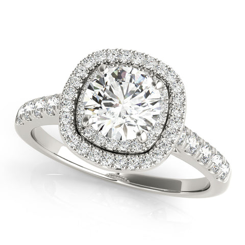 White gold Cushion Halo Round Diamond Pavé Band Ring with Four-Prong Setting