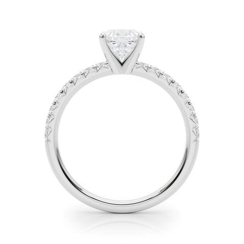 White gold Cushion Solitaire Pave Diamond Engagement Ring with Four-Prong Setting