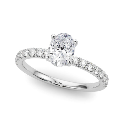 White gold Oval Solitaire Pave Diamond Engagement Ring with Four-Prong Setting