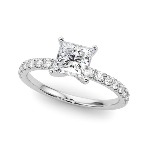White gold Princess Solitaire Pave Diamond Engagement Ring with Four-Prong Setting
