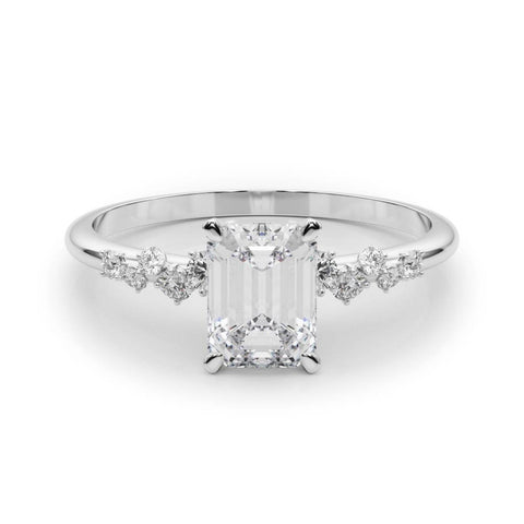 White gold Emerald Diamond Cluster Prong-Set Solitaire Ring