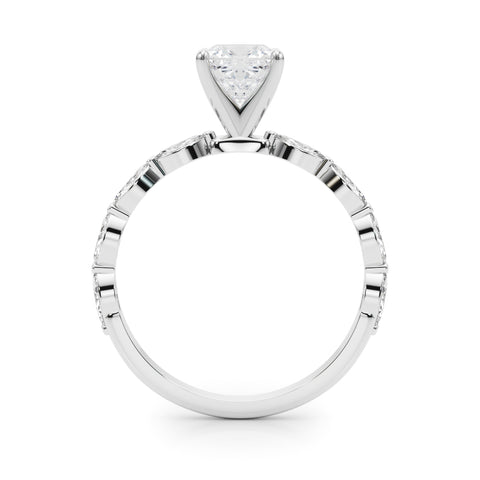 White gold Cushion Solitaire with Side Stones on a Pavé Band and Four-Prong Setting