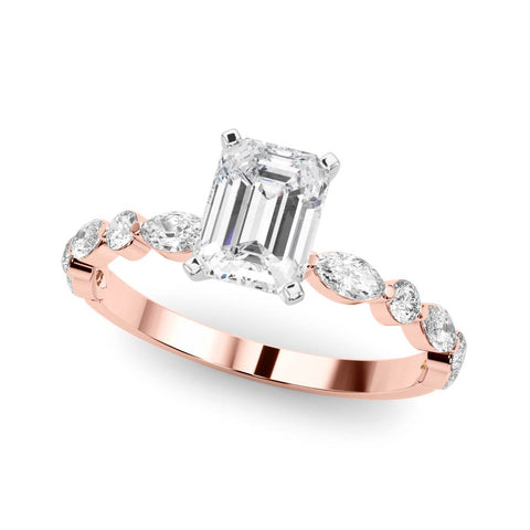 Rose gold Emerald Solitaire with Side Stones on a Pavé Band and Four-Prong Setting