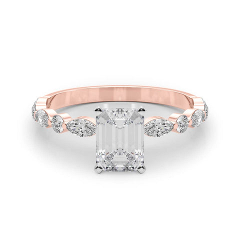 Rose gold Emerald Solitaire with Side Stones on a Pavé Band and Four-Prong Setting