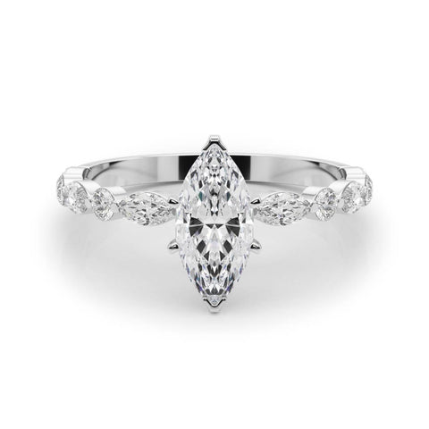 Platinum Marquise Solitaire with Side Stones on a Pavé Band and Four-Prong Setting