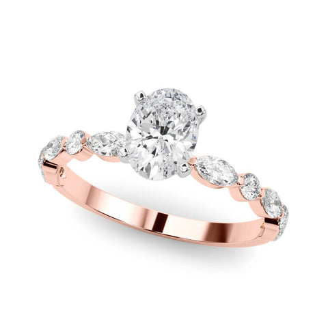 Rose gold Oval Solitaire with Side Stones on a Pavé Band and Four-Prong Setting