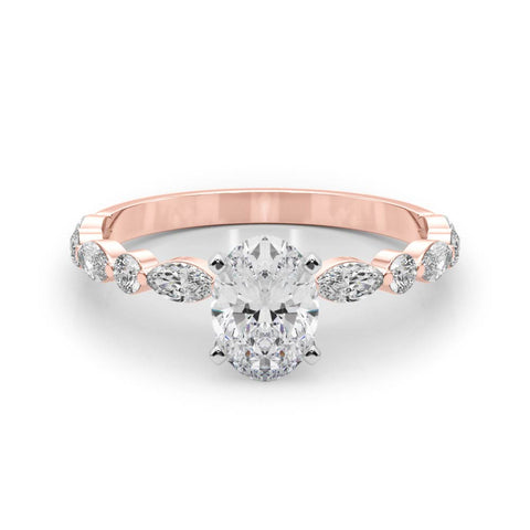 Rose gold Oval Solitaire with Side Stones on a Pavé Band and Four-Prong Setting