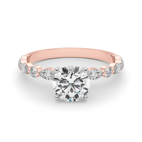 Rose gold Round Solitaire with Side Stones on a Pavé Band and Four-Prong Setting