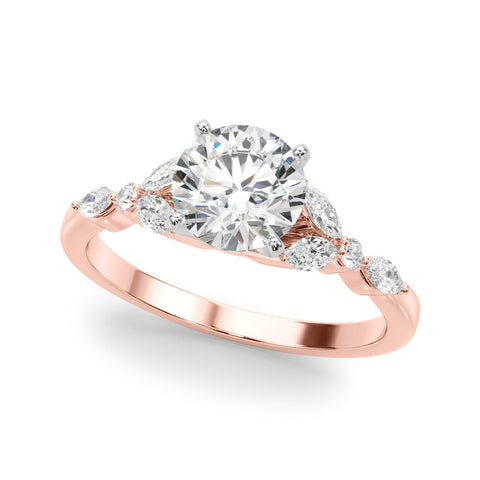 Rose gold Round Diamond Solitaire with Side Stones on a White Gold Band and Four-Prong Setting