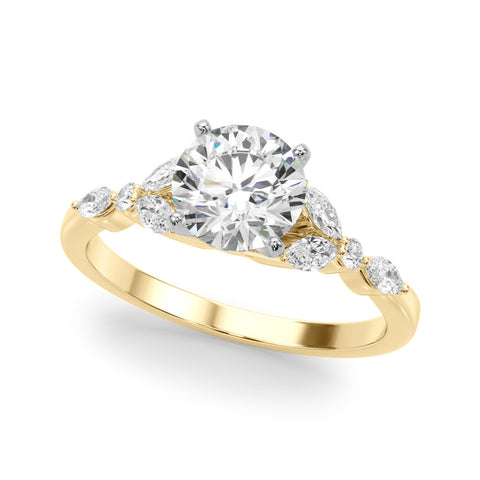 Yellow gold Round Diamond Solitaire with Side Stones on a White Gold Band and Four-Prong Setting