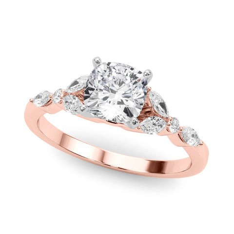 Rose gold Cushion Diamond Solitaire with Side Stones on a White Gold Band and Four-Prong Setting