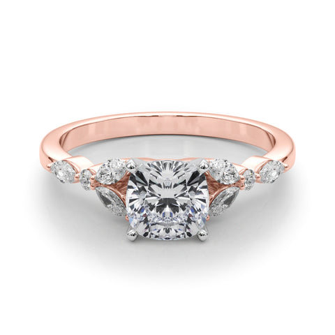 Rose gold Cushion Diamond Solitaire with Side Stones on a White Gold Band and Four-Prong Setting