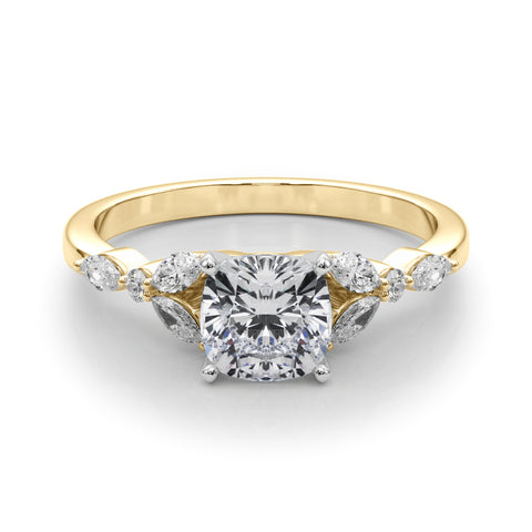 Yellow gold Cushion Diamond Solitaire with Side Stones on a White Gold Band and Four-Prong Setting